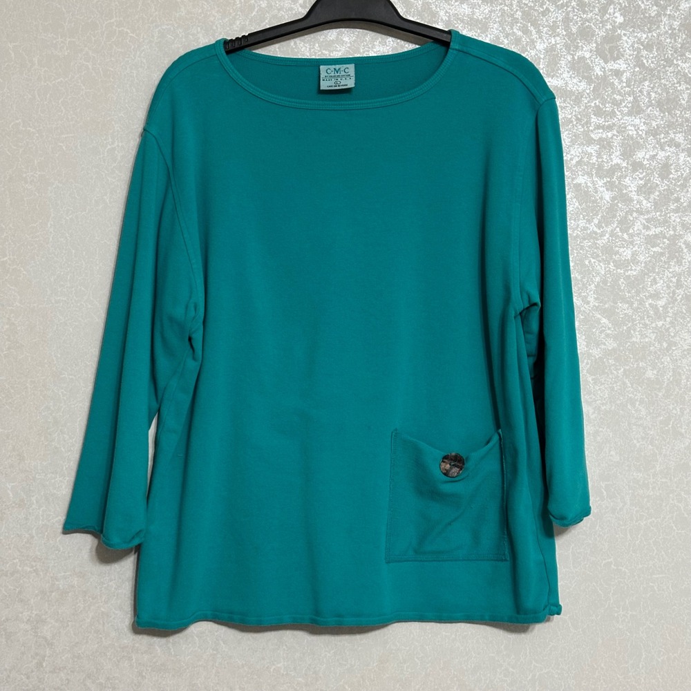 Color Me‎ Cotton CMC Pocket Top French Terry Boat Neck 3/4 Sleeve Teal Green L